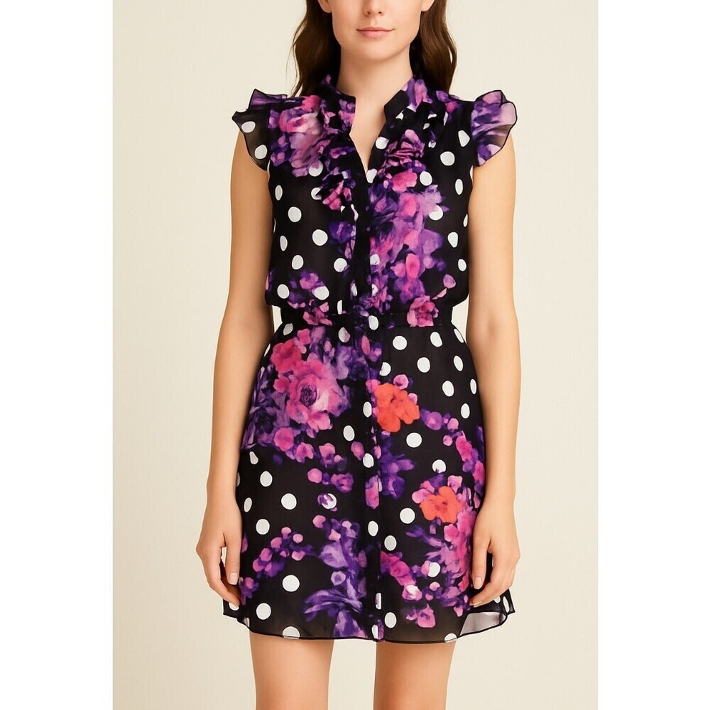 Susie Rose Ruffle Front Dress Size Small Black Pink Floral Polka Dot SZ 7/9